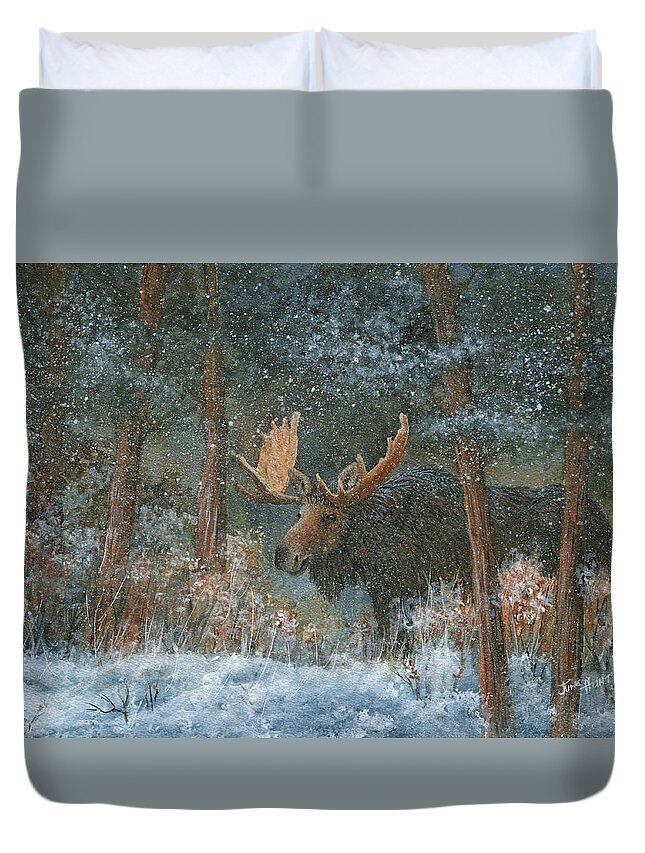 Moose Duvet Cover featuring the painting First Snow - Alaska by June Hunt