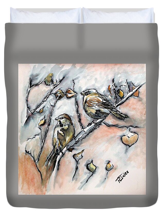 Birds Duvet Cover featuring the painting First sure sign of spring by Richard Jules