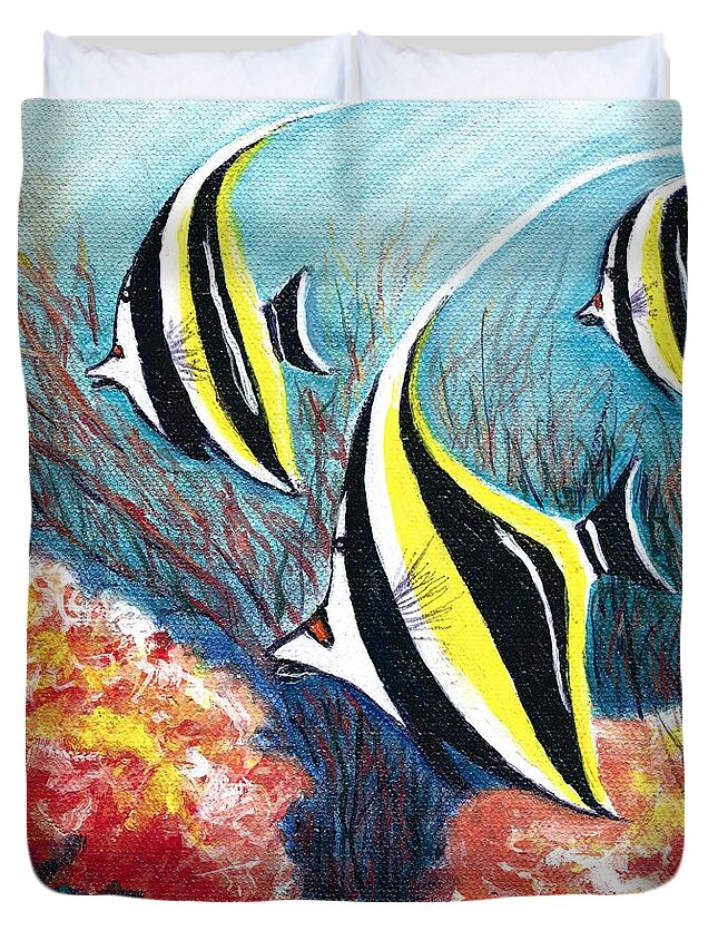 #moorishidol #fish #oceans #coral #worldoceansday #butterflyfish Duvet Cover featuring the painting Moorish Idol Fish and Coral Reef by Allison Constantino