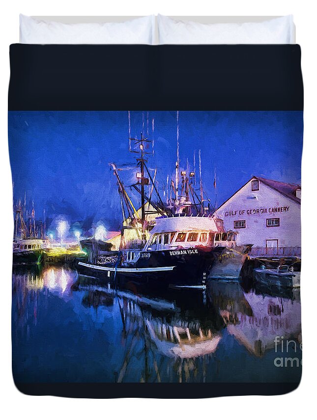 Fish Duvet Cover featuring the digital art Fish Boats by Jim Hatch