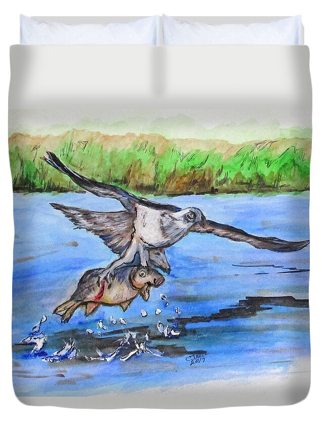 Fish Duvet Cover featuring the painting Fish For Lunch by Clyde J Kell