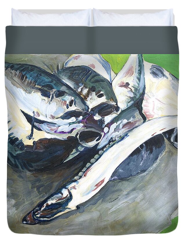  Duvet Cover featuring the painting Fish on a Table by Kathleen Barnes
