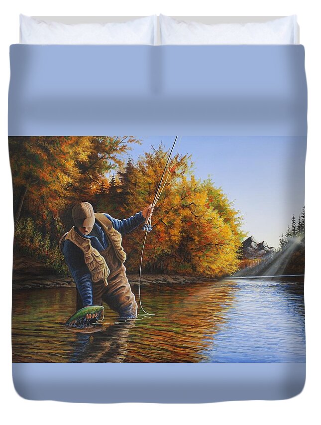 Fly Fishing Duvet Cover featuring the painting Fisherman by Anthony J Padgett