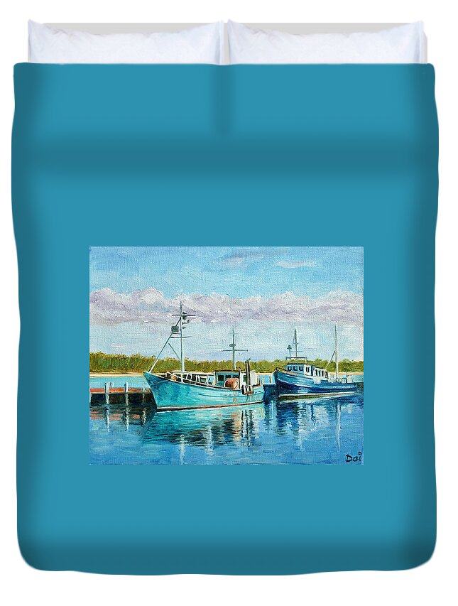 Fishing Duvet Cover featuring the painting Fishing Boats in Lakes Entrance by Dai Wynn