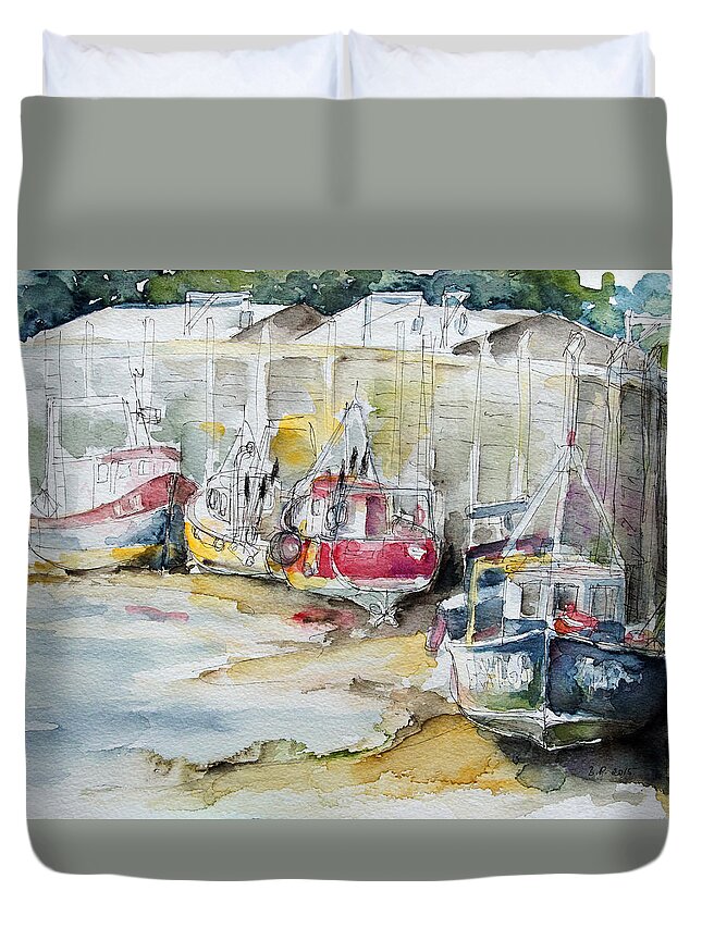 Summer Duvet Cover featuring the painting Fishing Boats Settled Aground During Ebb Tide by Barbara Pommerenke