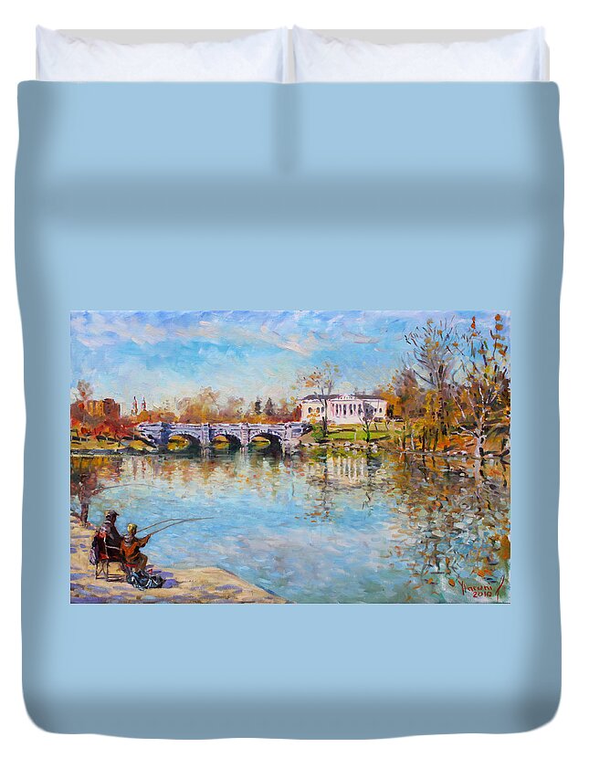 Fishing Duvet Cover featuring the painting Fishing Day by Delaware Lake Buffalo by Ylli Haruni