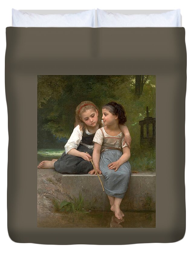 William-adolphe Bouguereau Duvet Cover featuring the painting Fishing for frogs by William-Adolphe Bouguereau