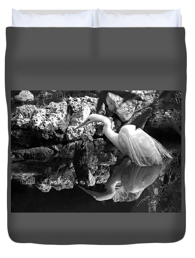 Great Egret Duvet Cover featuring the photograph Fishing in the Creek in Black and White by Judy Wanamaker