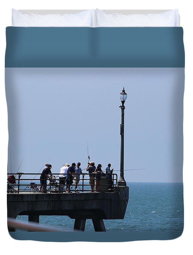 Fishing Duvet Cover featuring the photograph Fishing Off Pier Huntigton Beach CA 2017 by Colleen Cornelius