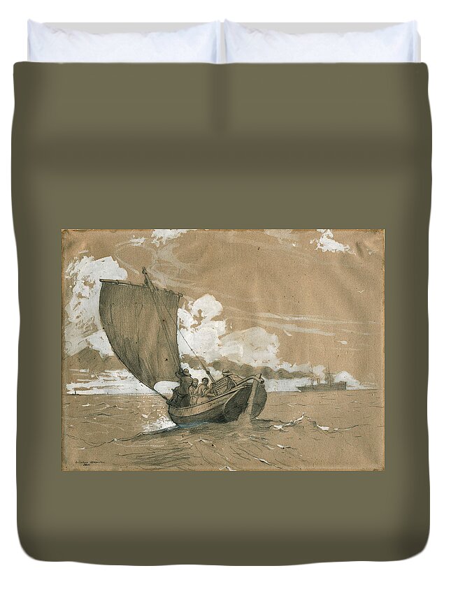 Winslow Homer Duvet Cover featuring the glass art Fishing off Scarborough by Winslow Homer