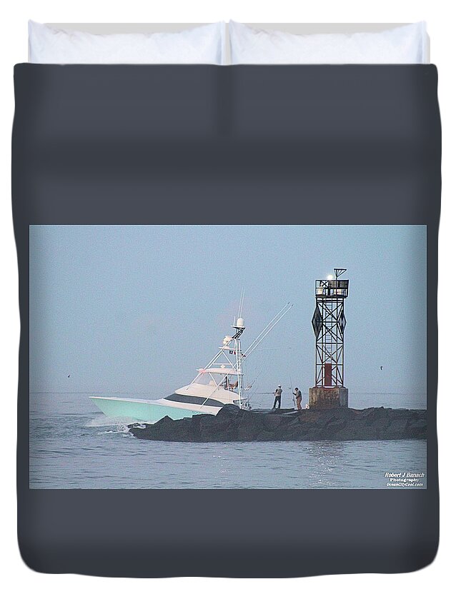 Water Duvet Cover featuring the photograph Fishing On The Inlet Jetty by Robert Banach