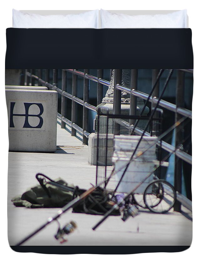 Fishing Duvet Cover featuring the photograph Fishing Rods on Pier Huntington Beach by Colleen Cornelius