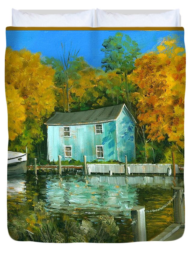 Landscape Duvet Cover featuring the painting Fishing Shanty by Michael Swanson