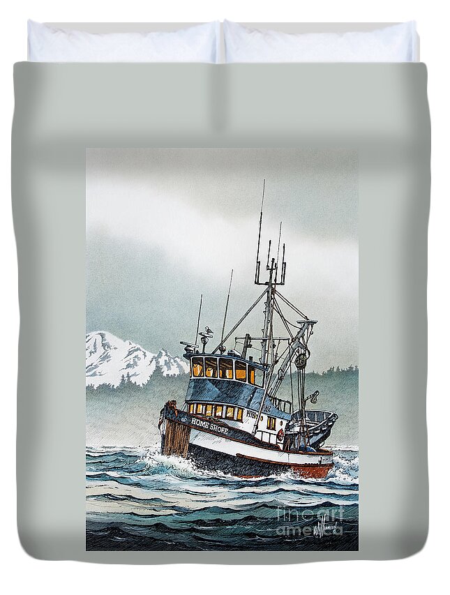 Fishing Duvet Cover featuring the painting Fishing Vessel Home Shore by James Williamson