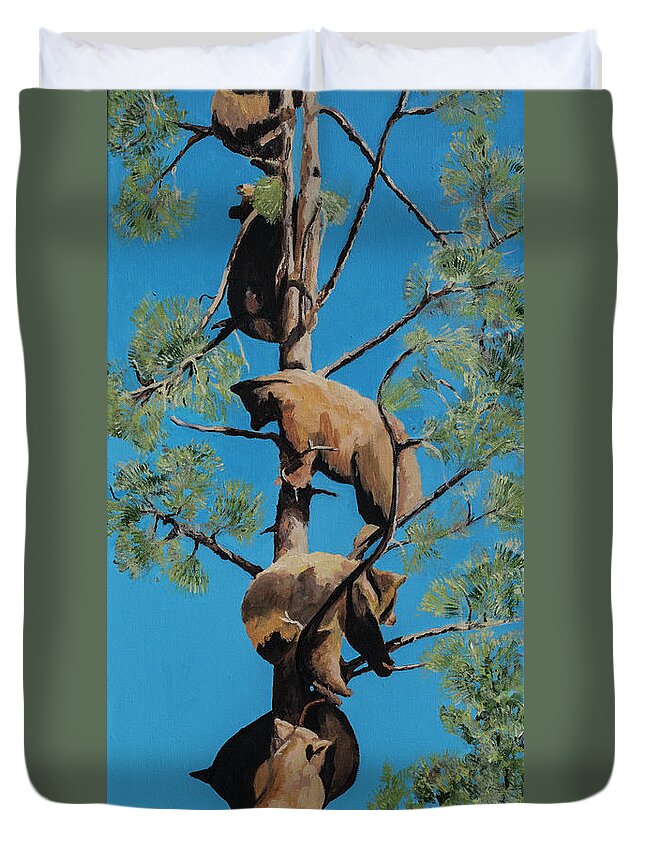 Bear Duvet Cover featuring the painting Five and a Half Bear Cubs by Jackie MacNair