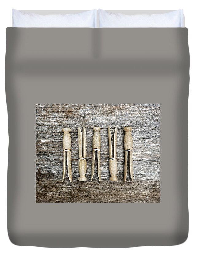 Clothespins Duvet Cover featuring the photograph Five Clothespins by Angie Rea