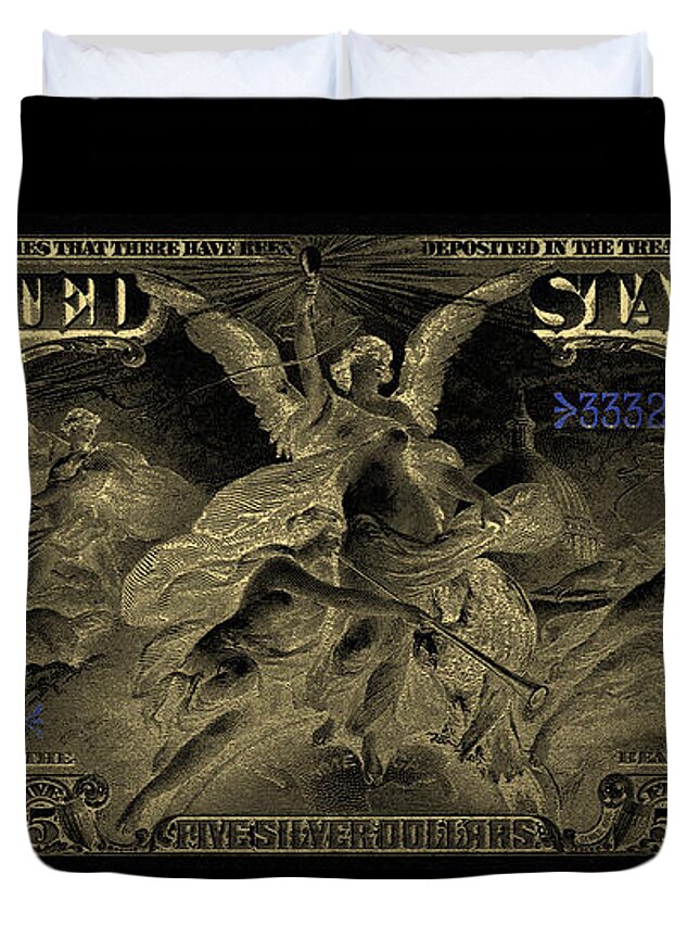 'paper Currency' By Serge Averbukh Duvet Cover featuring the digital art Five U.S. Dollar Bill - 1896 Educational Series in Gold on Black by Serge Averbukh