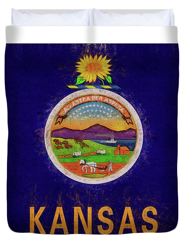 America Duvet Cover featuring the digital art Flag of Kansas Grunge by Roy Pedersen