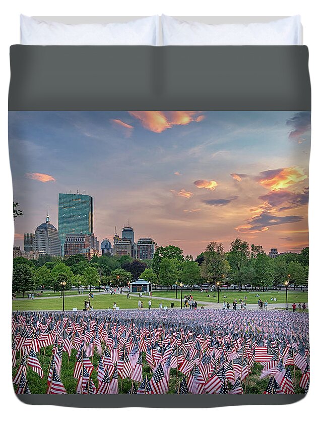 Boston Duvet Cover featuring the photograph Flag Sunset on Boston Common by Kristen Wilkinson