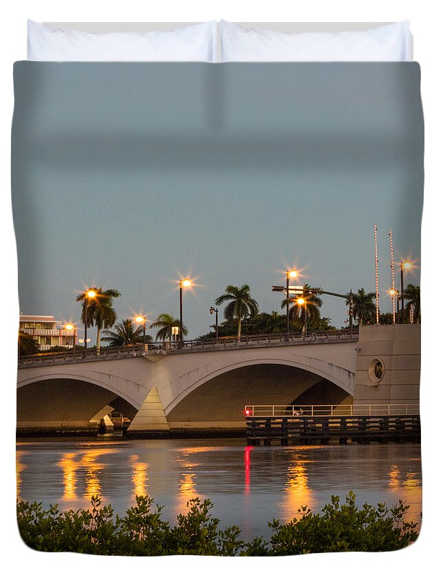 Boats Duvet Cover featuring the photograph Flagler Bridge in Lights II by Debra and Dave Vanderlaan