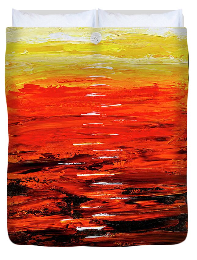 Abstract Duvet Cover featuring the painting Flaming Sunset Abstract 205173 by Mas Art Studio