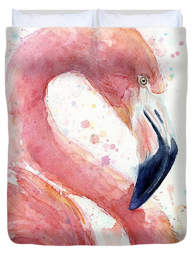 Watercolor Flamingo Duvet Cover featuring the painting Flamingo - Facing Right by Olga Shvartsur