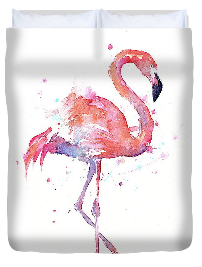 Flamingo Duvet Cover featuring the painting Flamingo Watercolor Facing Right by Olga Shvartsur