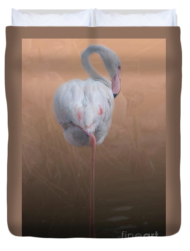 Michelle Meenawong Duvet Cover featuring the photograph Flamingo With Overlay by Michelle Meenawong