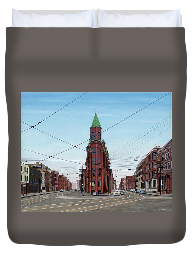 Streetscapes Duvet Cover featuring the painting FlatIron Building 1955 by Kenneth M Kirsch
