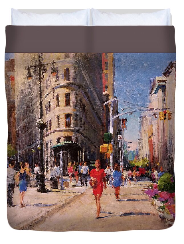 Landscape Duvet Cover featuring the painting Flatiron Plaza, Summer Morning by Peter Salwen