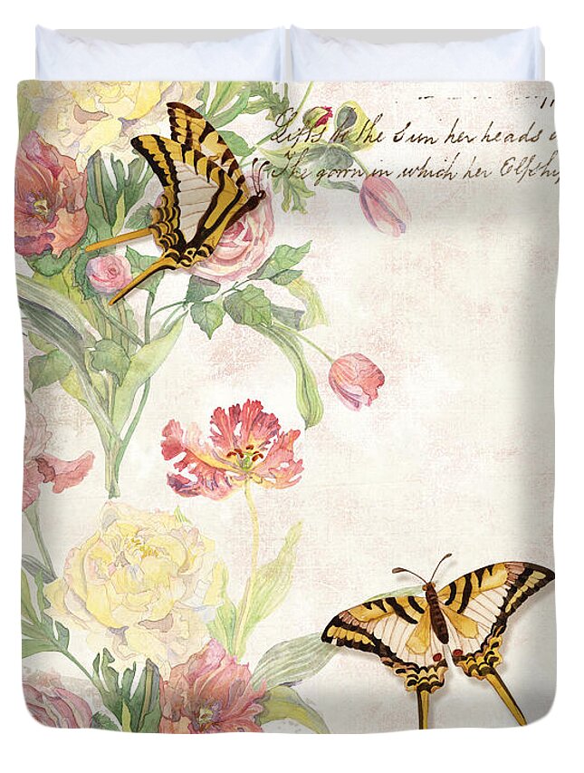 Butterfly Duvet Cover featuring the painting Fleurs de Pivoine - Watercolor w Butterflies in a French Vintage Wallpaper Style by Audrey Jeanne Roberts