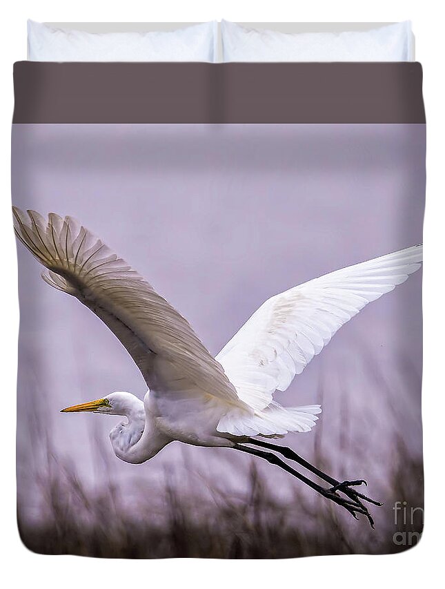 Egret Duvet Cover featuring the photograph Flight Of The Great Egret by DB Hayes