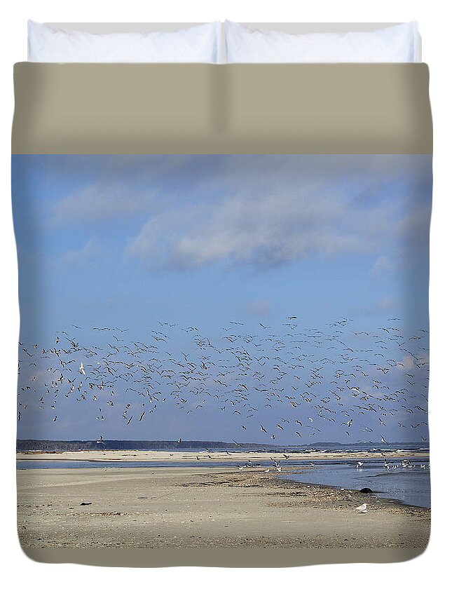 Seaside Duvet Cover featuring the photograph Flight by Tammy Schneider