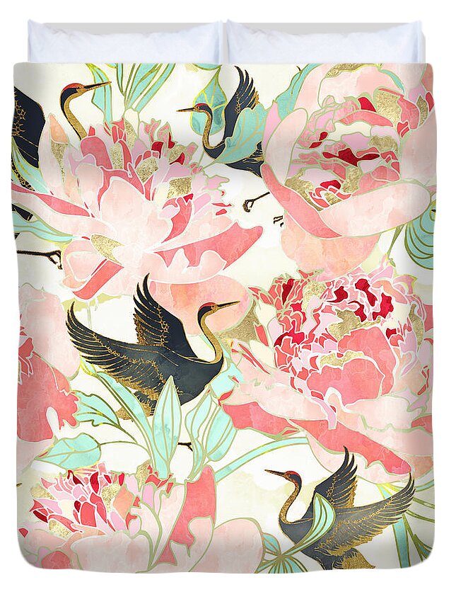 Floral Duvet Cover featuring the digital art Floral Cranes by Spacefrog Designs