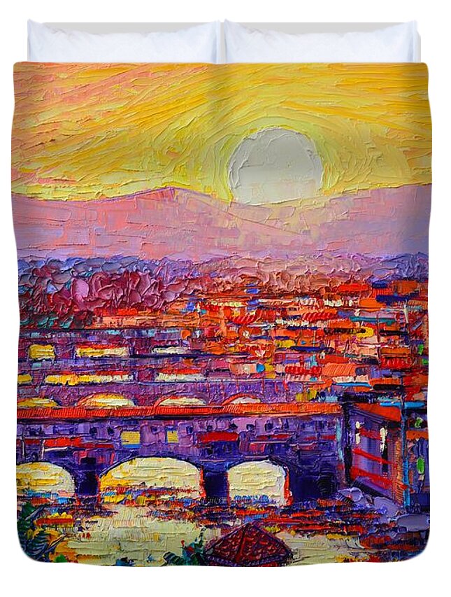 Florence Duvet Cover featuring the painting Florence Sunset Over Ponte Vecchio Abstract Impressionist Knife Oil Painting By Ana Maria Edulescu by Ana Maria Edulescu