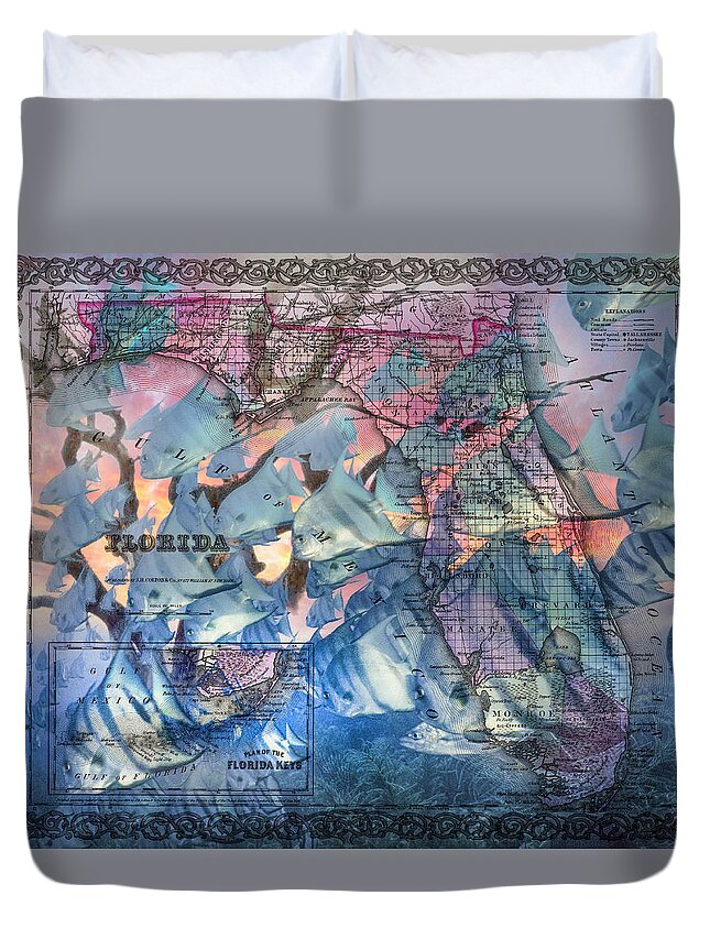 Florida Duvet Cover featuring the photograph Florida and the Keys Underwater Reef and Map by Debra and Dave Vanderlaan