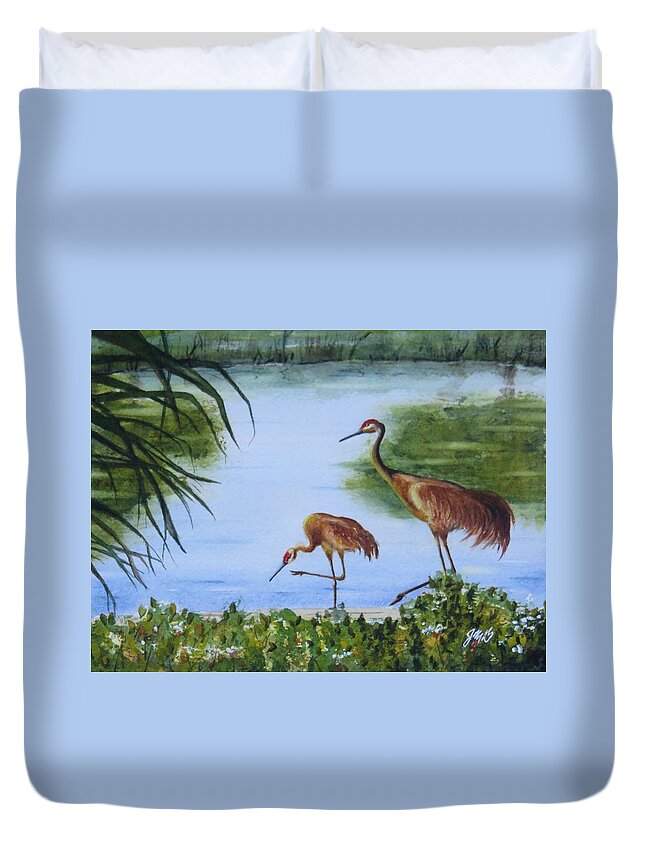 Crane Duvet Cover featuring the painting Florida Sand Cranes by Joseph Burger