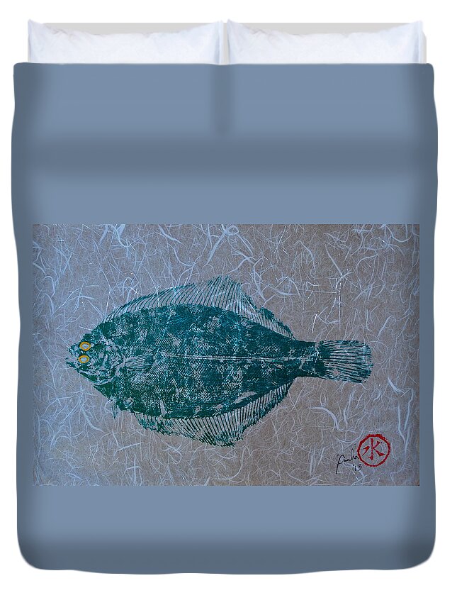 Flounder Duvet Cover featuring the mixed media Flounder - Winter Flounder - Black Back by Jeffrey Canha