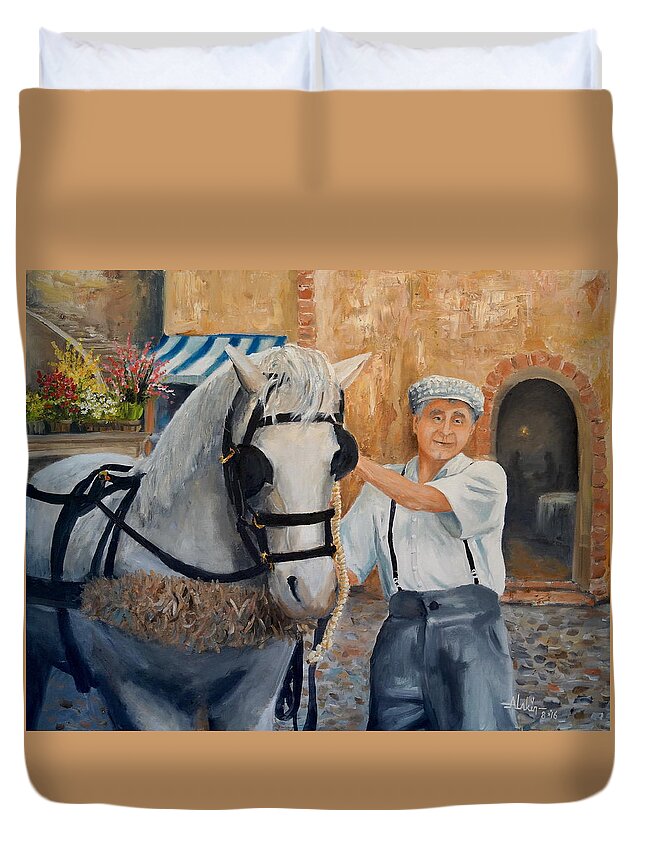 Old World Duvet Cover featuring the painting Flower Cart Man by Alan Lakin