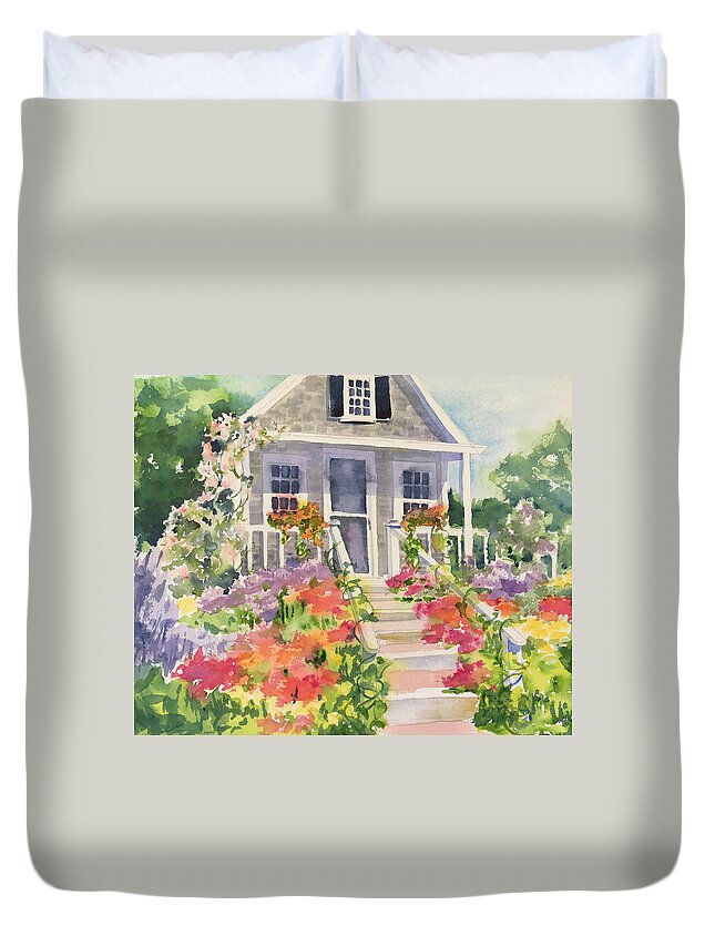 Cape Cod Duvet Cover featuring the painting Flower Cottage by Liana Yarckin