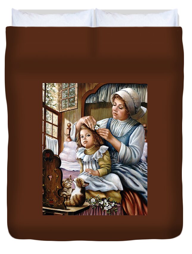 Children Duvet Cover featuring the painting Flower in Her Hair by Marie Witte