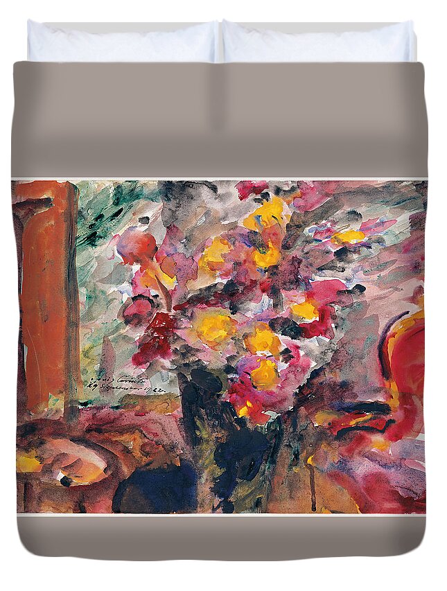 Lovis Corinth Duvet Cover featuring the painting Flower Vase on a Table by Lovis Corinth