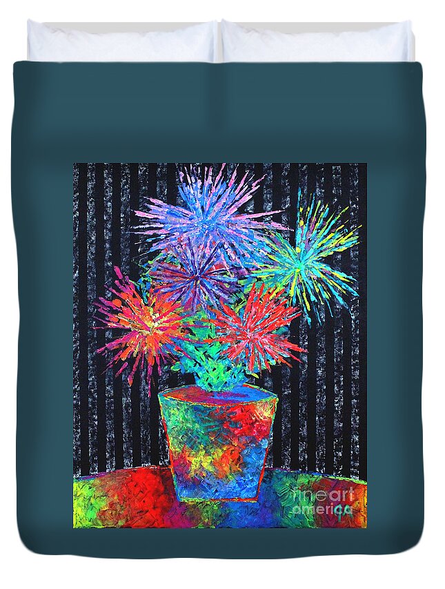 Plant Duvet Cover featuring the painting Flower-Works Plant by Jeremy Aiyadurai