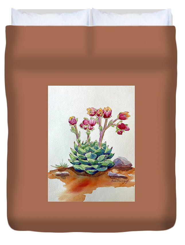 Succulent Duvet Cover featuring the painting Flowering Succulent by Hilda Vandergriff