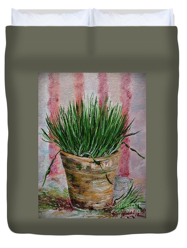 Spring Duvet Cover featuring the painting Flowerpot with wheat by Amalia Suruceanu