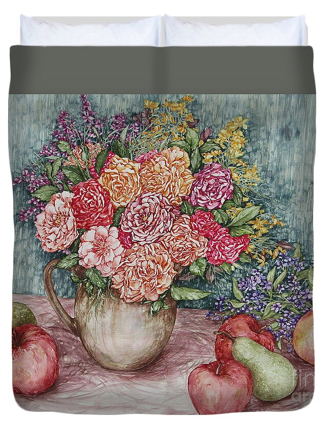 Flowers Duvet Cover featuring the painting Flowers and Fruit Arrangement by Kim Tran