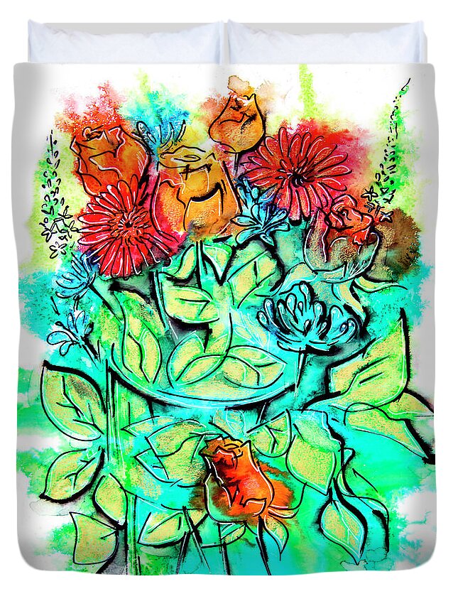Flowers Duvet Cover featuring the drawing Flowers Bouquet, Illustration by Ariadna De Raadt