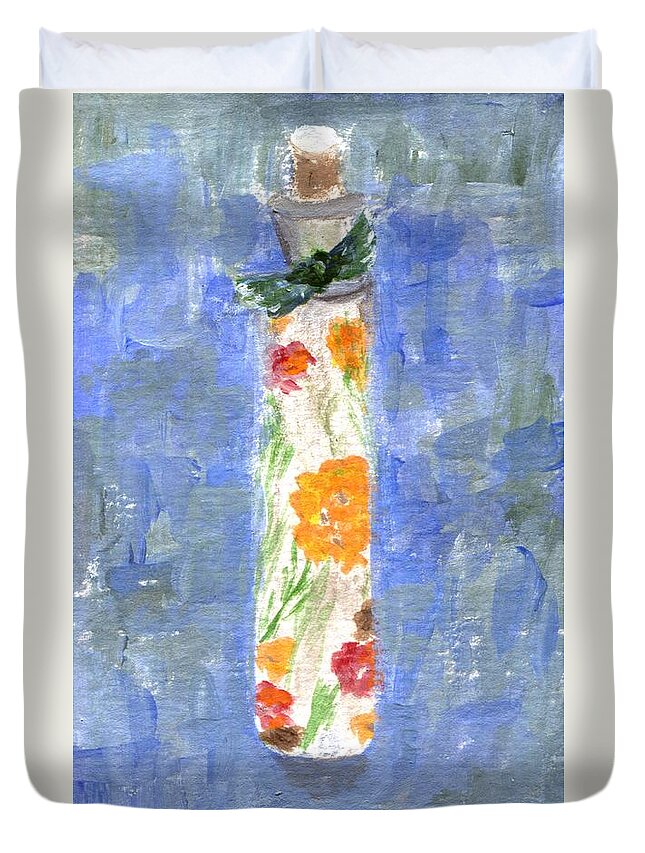 Vase Duvet Cover featuring the painting Flowers in a Bottle by Jamie Frier