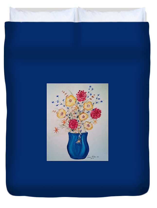 Floral Duvet Cover featuring the painting Flowers in blue vase 2 by Susan Nielsen