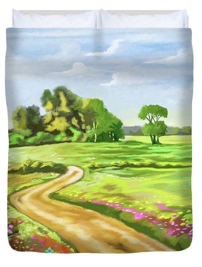 Landscape Duvet Cover featuring the painting Flowers in the Field  by Anthony Mwangi